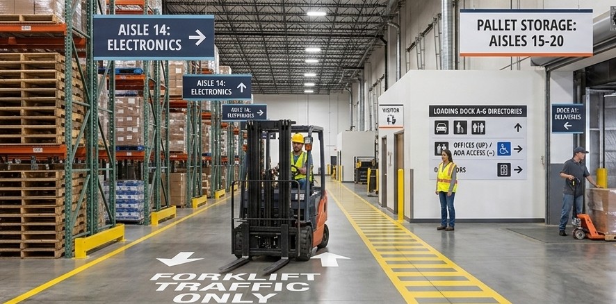 Directional wayfinding wall sign installed in a warehouse facility